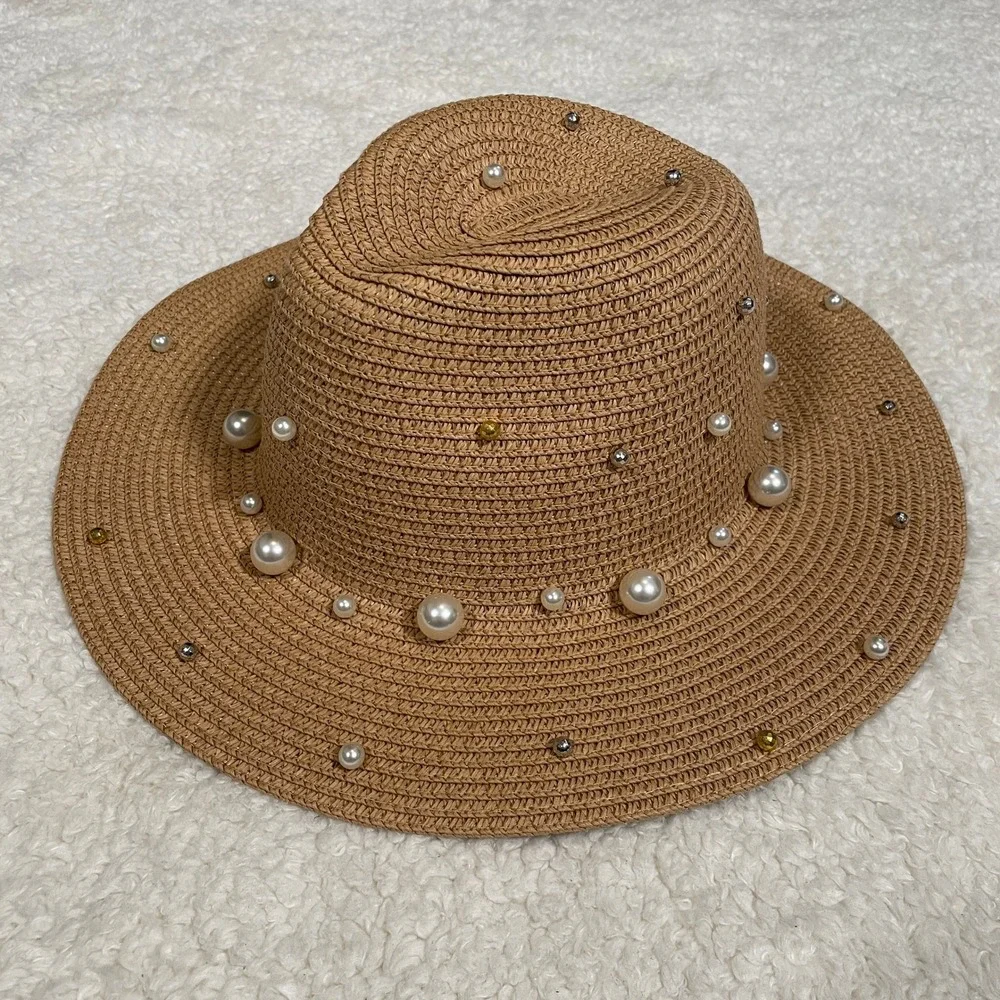 Steve Madden Straw Fedora Sun Hat Pearl & Stud Embellished Tan Beach Vacation